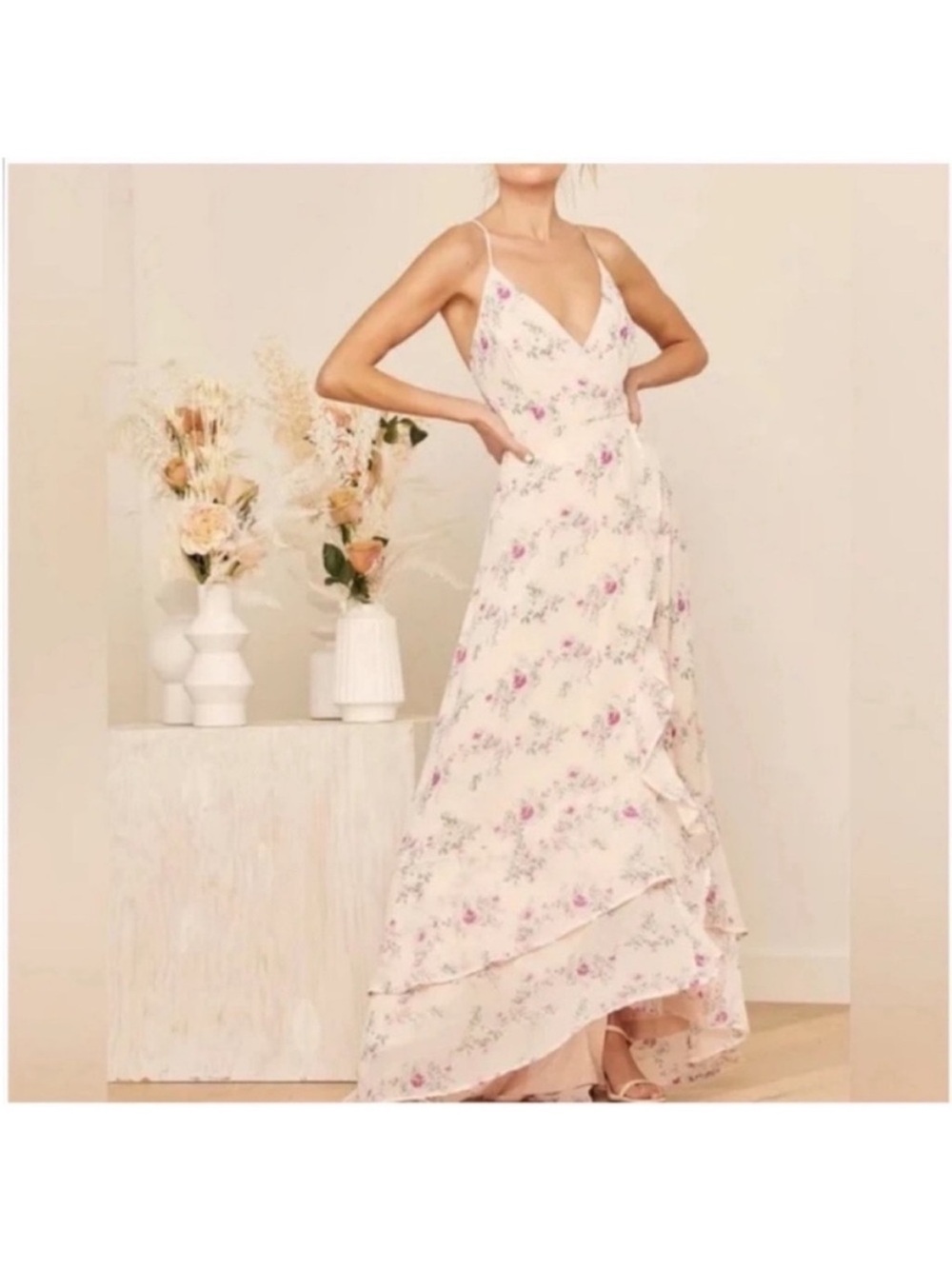Lulus floral lace up strappy back hi lo maxi dress blush soft girl